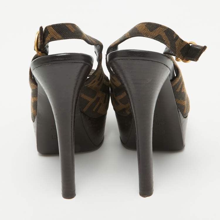 Pre Owned Fendi Brown Zucca Canvas Fendista Peep Toe Slingback Pumps Size 36