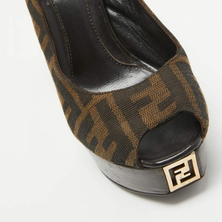 Pre Owned Fendi Brown Zucca Canvas Fendista Peep Toe Slingback Pumps Size 36