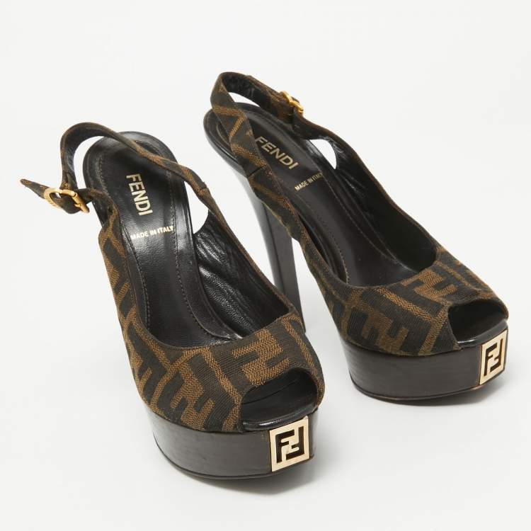 Pre Owned Fendi Brown Zucca Canvas Fendista Peep Toe Slingback Pumps Size 36