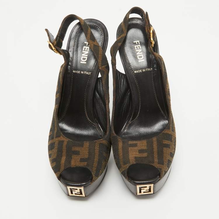 Pre Owned Fendi Brown Zucca Canvas Fendista Peep Toe Slingback Pumps Size 36