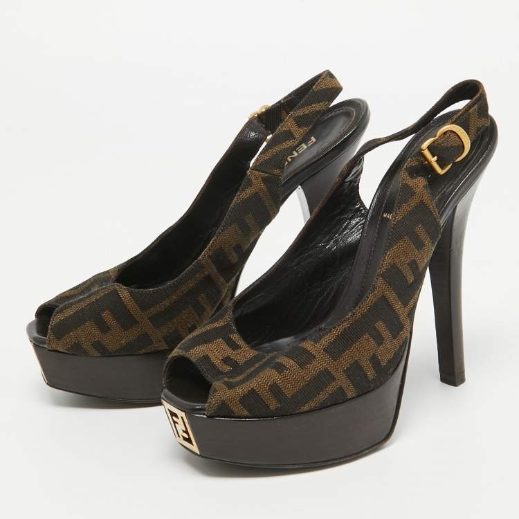 Pre Owned Fendi Brown Zucca Canvas Fendista Peep Toe Slingback Pumps Size 36