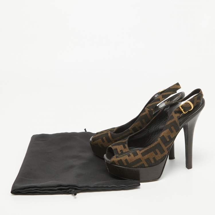 Pre Owned Fendi Brown Zucca Canvas Fendista Peep Toe Slingback Pumps Size 36