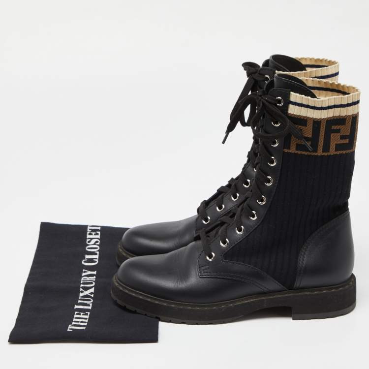 Pre Owned Fendi Black Leather and Zucca Stretch Fabric Rockoko Combat Boots Size 38