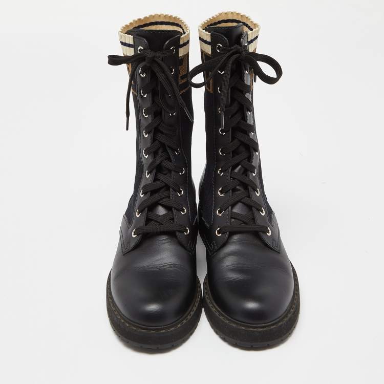 Pre Owned Fendi Black Leather and Zucca Stretch Fabric Rockoko Combat Boots Size 38