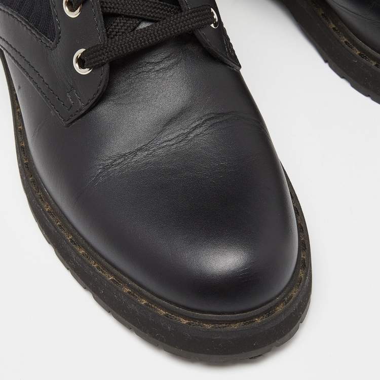 Pre Owned Fendi Black Leather and Zucca Stretch Fabric Rockoko Combat Boots Size 38