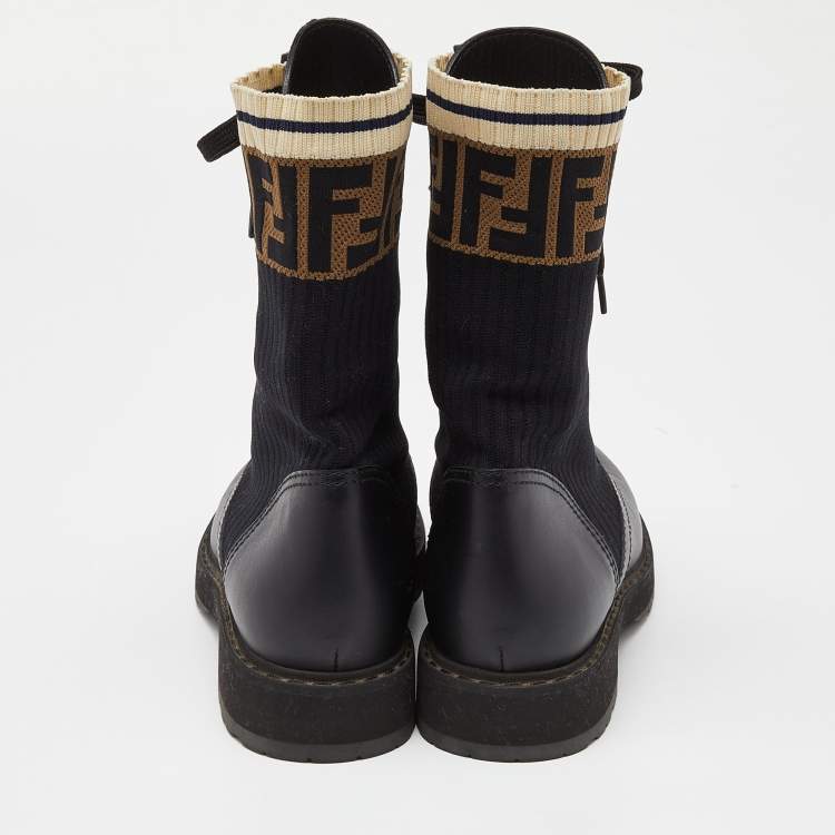 Pre Owned Fendi Black Leather and Zucca Stretch Fabric Rockoko Combat Boots Size 38