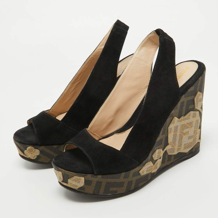 Pre Owned Fendi Black Suede Zucca Appliqued Wedge Platform Slingback Sandals Size 38.5