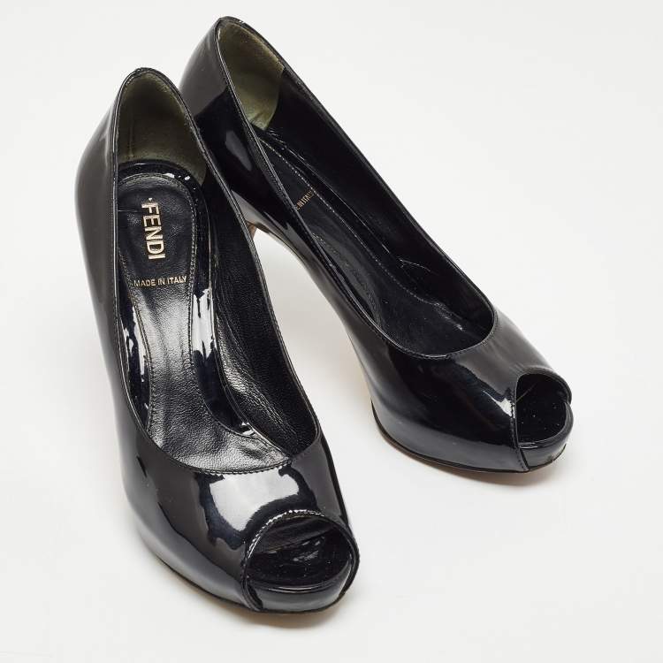 Pre Owned Fendi Black Patent Leather FF Heels Peep Toe Platform Pumps Size 35.5