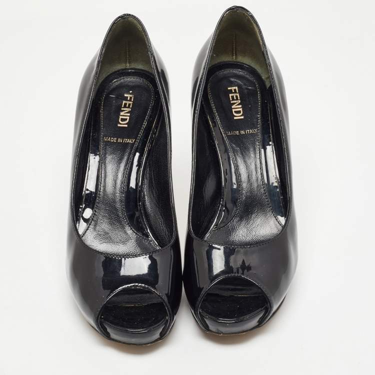 Pre Owned Fendi Black Patent Leather FF Heels Peep Toe Platform Pumps Size 35.5