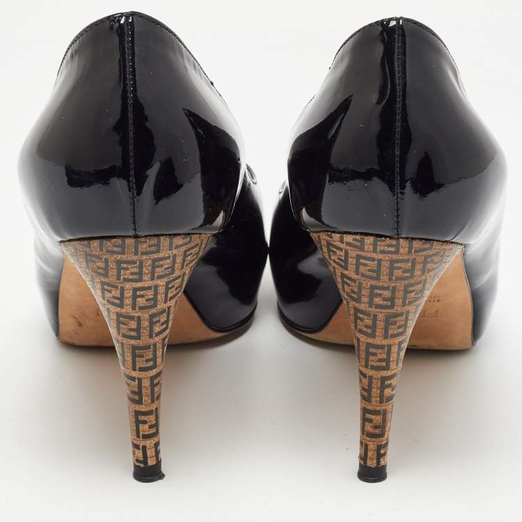 Pre Owned Fendi Black Patent Leather FF Heels Peep Toe Platform Pumps Size 35.5