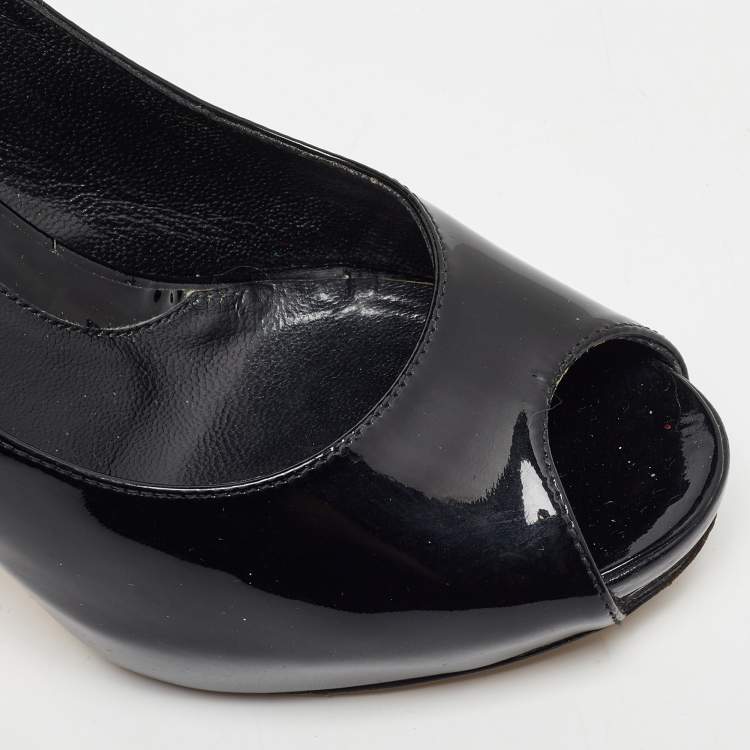 Pre Owned Fendi Black Patent Leather FF Heels Peep Toe Platform Pumps Size 35.5