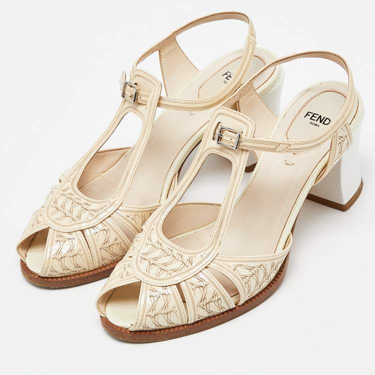 Pre Owned Fendi Beige Leather and Patent Leather Open Toe Block Heel Ankle Strap Sandals Size 38