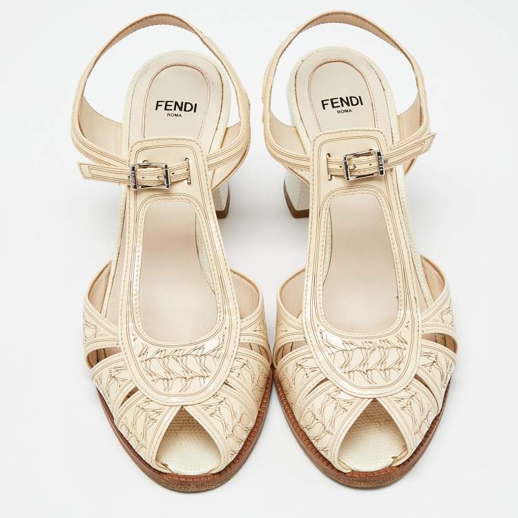 Pre Owned Fendi Beige Leather and Patent Leather Open Toe Block Heel Ankle Strap Sandals Size 38