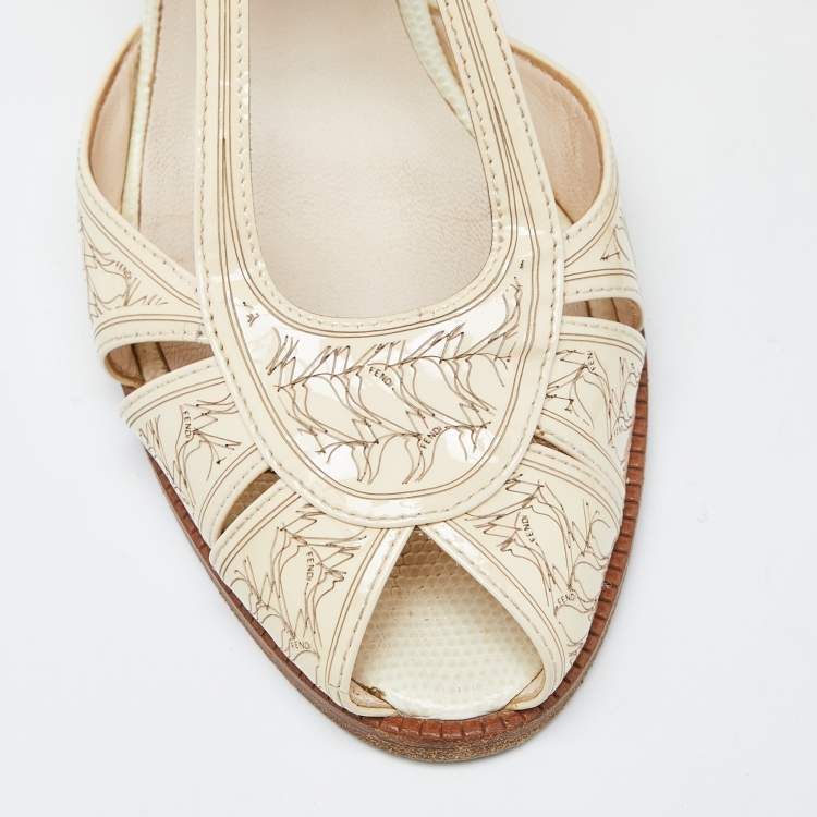 Pre Owned Fendi Beige Leather and Patent Leather Open Toe Block Heel Ankle Strap Sandals Size 38