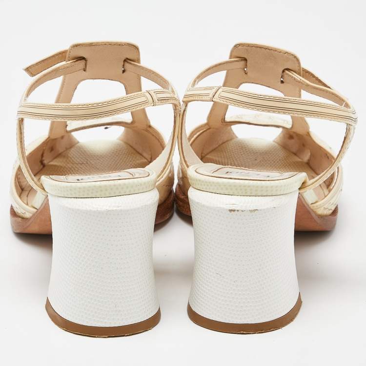 Pre Owned Fendi Beige Leather and Patent Leather Open Toe Block Heel Ankle Strap Sandals Size 38