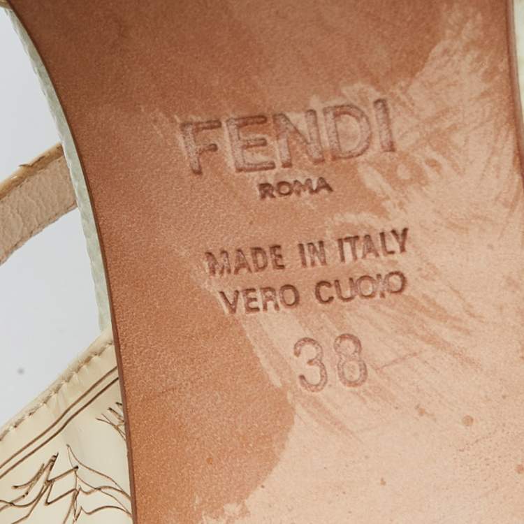 Pre Owned Fendi Beige Leather and Patent Leather Open Toe Block Heel Ankle Strap Sandals Size 38