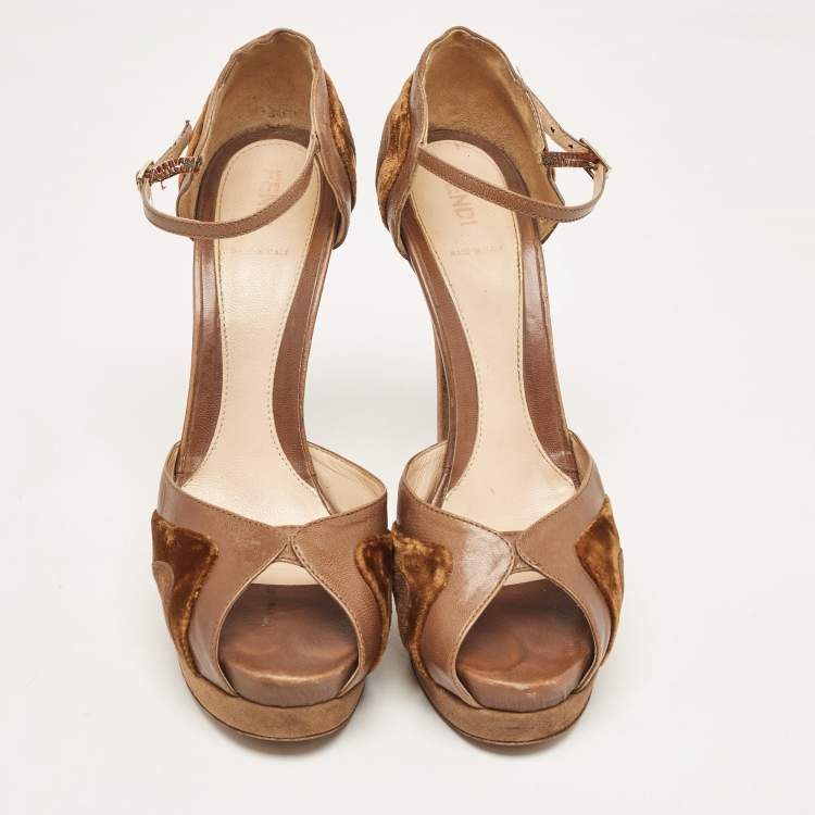 Pre Owned Fendi Beige/Brown Leather Velvet Ankle Strap Pumps Size 40 