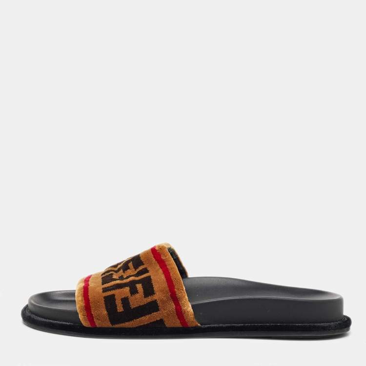 Pre Owned Fendi Tricolor Zucca Velvet Flat Slides Size 39
