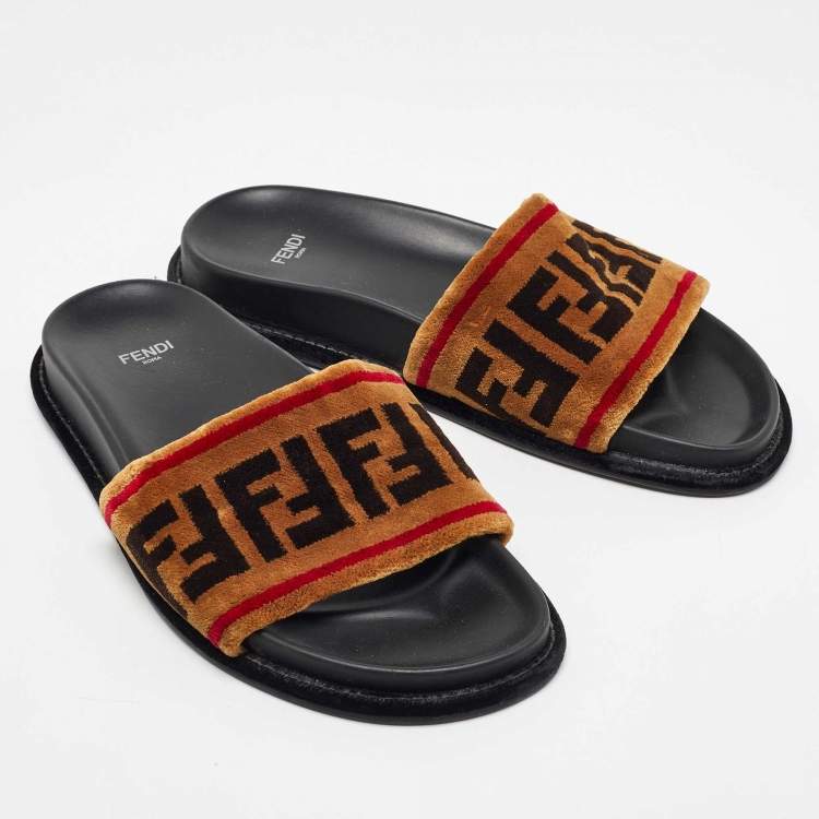 Pre Owned Fendi Tricolor Zucca Velvet Flat Slides Size 39