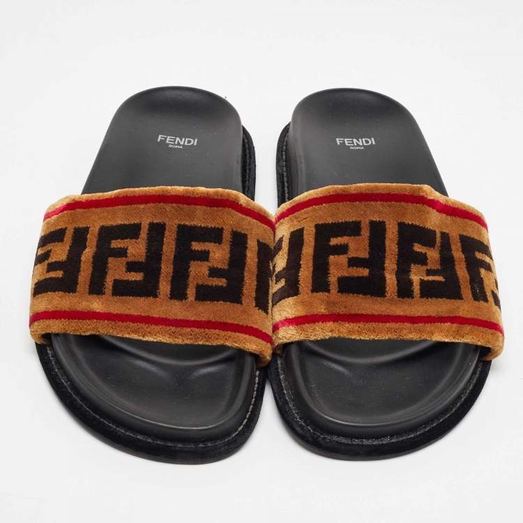 Pre Owned Fendi Tricolor Zucca Velvet Flat Slides Size 39