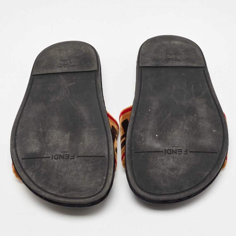 Pre Owned Fendi Tricolor Zucca Velvet Flat Slides Size 39
