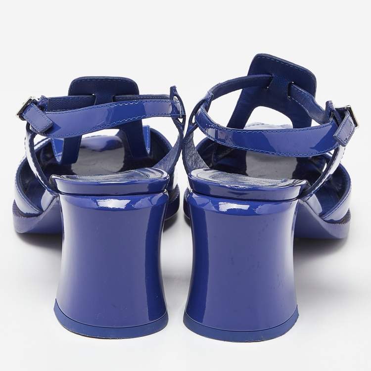 Pre Owned Fendi Blue Patent Leather Chameleon Block Heel Sandals Size 38
