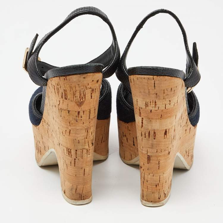 Pre Owned Fendi Navy Blue/Black Denim and Lizard Embossed Leather Cork Wedge Platform Ankle Strap Sandals Size 35