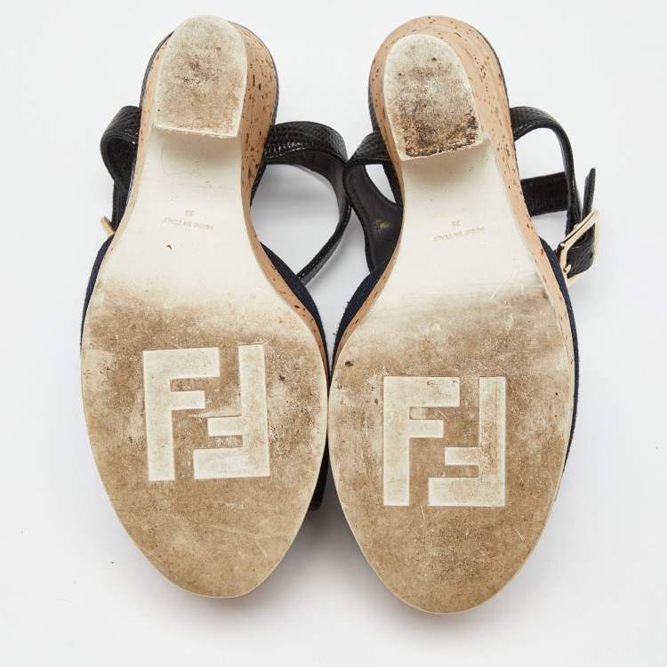 Pre Owned Fendi Navy Blue/Black Denim and Lizard Embossed Leather Cork Wedge Platform Ankle Strap Sandals Size 35