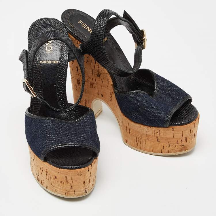 Pre Owned Fendi Navy Blue/Black Denim and Lizard Embossed Leather Cork Wedge Platform Ankle Strap Sandals Size 35