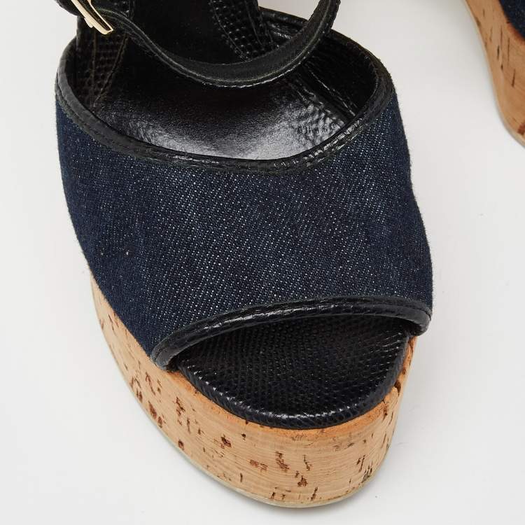Pre Owned Fendi Navy Blue/Black Denim and Lizard Embossed Leather Cork Wedge Platform Ankle Strap Sandals Size 35