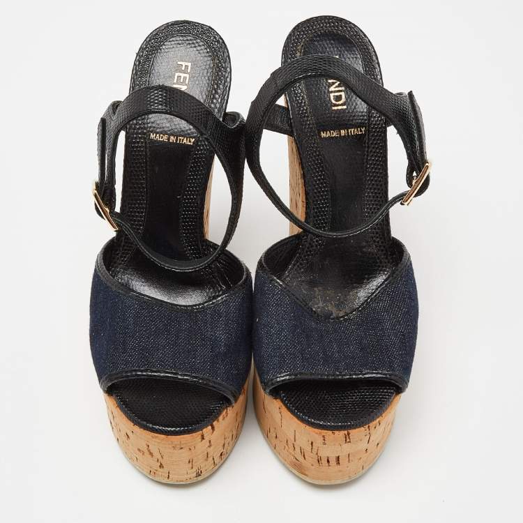 Pre Owned Fendi Navy Blue/Black Denim and Lizard Embossed Leather Cork Wedge Platform Ankle Strap Sandals Size 35