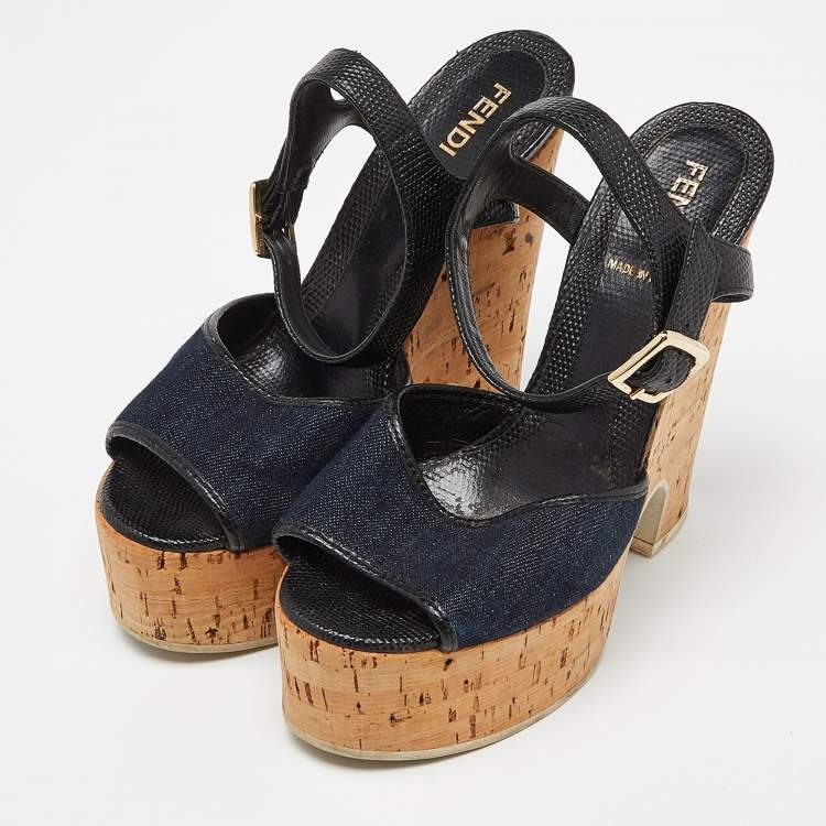 Fendi Navy Blue/Black Denim and Lizard Embossed Leather Cork Wedge 