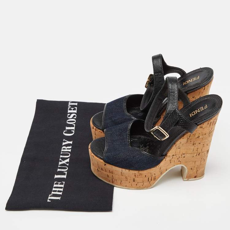 Pre Owned Fendi Navy Blue/Black Denim and Lizard Embossed Leather Cork Wedge Platform Ankle Strap Sandals Size 35