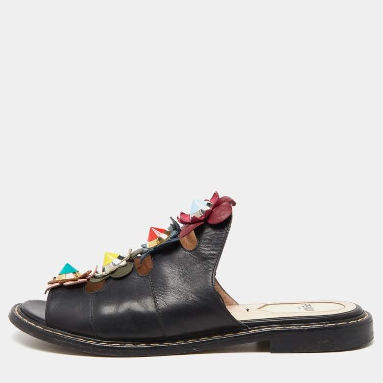 Pre Owned Fendi Black Leather Flowerland Slide Sandals Size 36