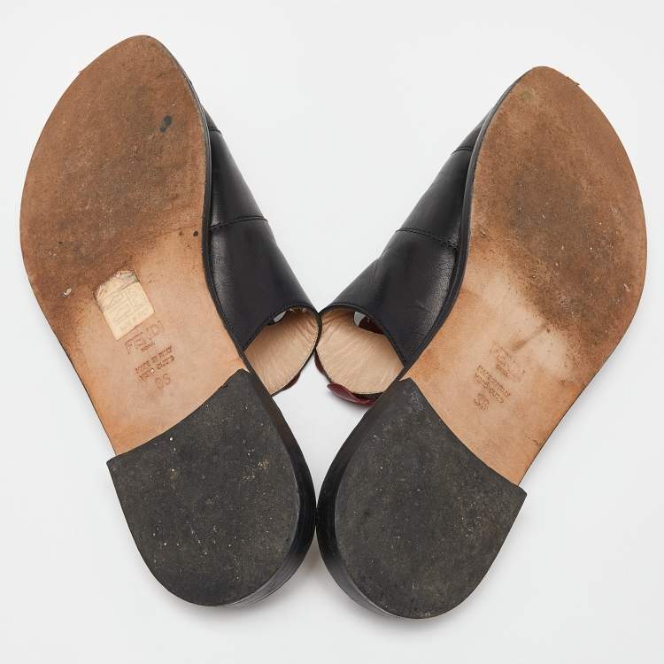 Pre Owned Fendi Black Leather Flowerland Slide Sandals Size 36