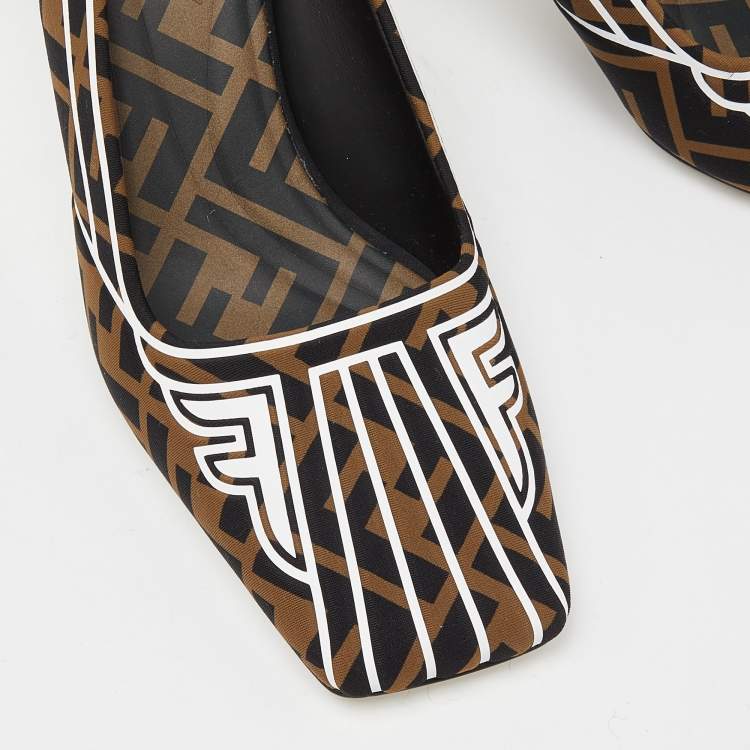 Pre Owned Fendi Multicolor Brown/Black Fabric Freedom FF Logo Slingback Sandals Size 38