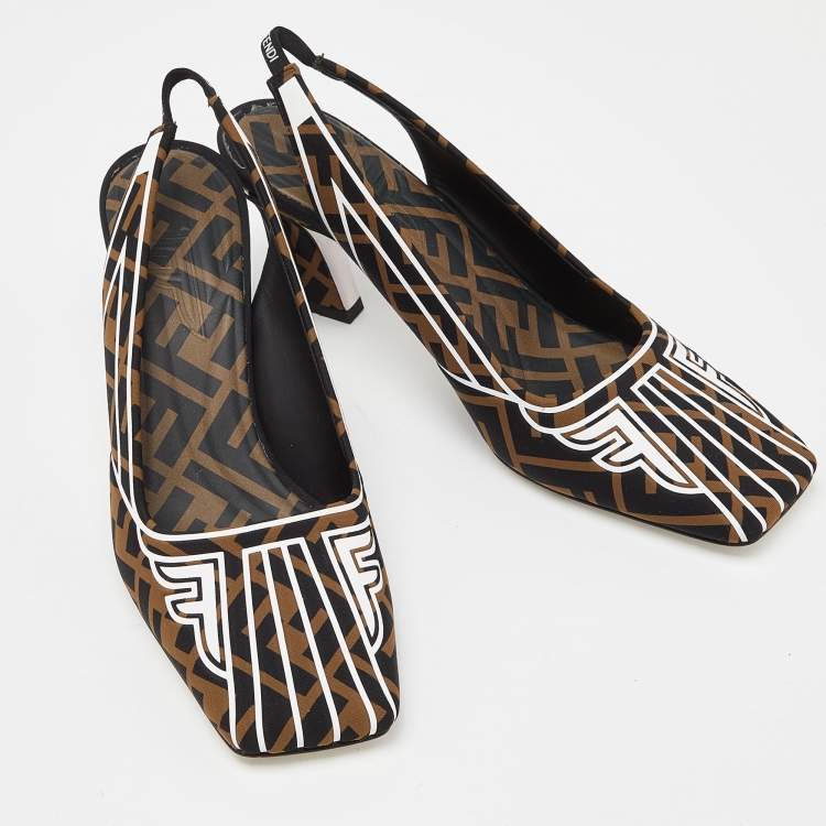 Pre Owned Fendi Multicolor Brown/Black Fabric Freedom FF Logo Slingback Sandals Size 38