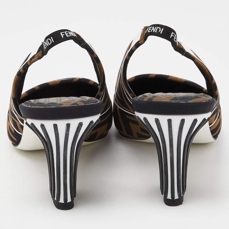 Pre Owned Fendi Multicolor Brown/Black Fabric Freedom FF Logo Slingback Sandals Size 38