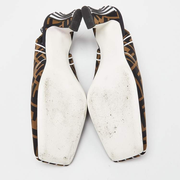 Pre Owned Fendi Multicolor Brown/Black Fabric Freedom FF Logo Slingback Sandals Size 38
