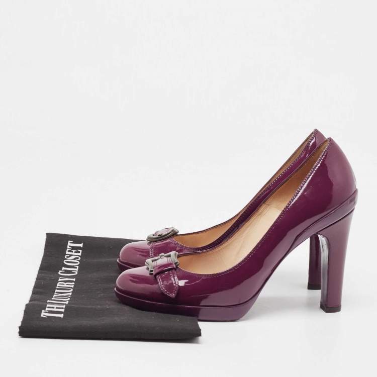 Pre Owned Fendi Burgundy Patent Leather Buckle Detail  Round Toe Pumps Size 36.5