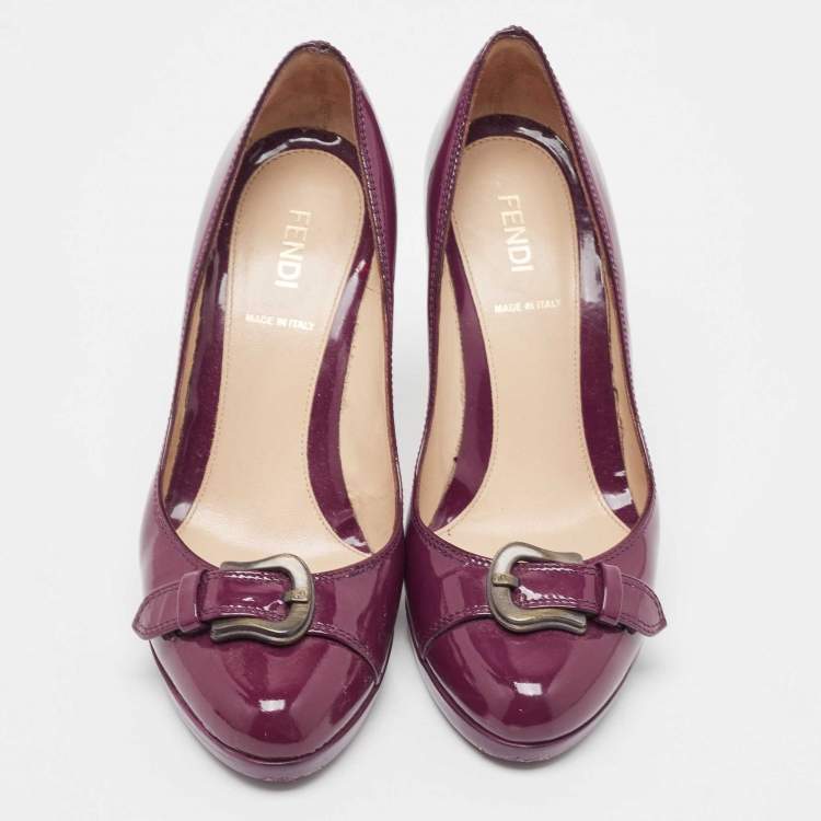 Pre Owned Fendi Burgundy Patent Leather Buckle Detail  Round Toe Pumps Size 36.5