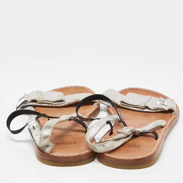 Pre Owned Fendi Silver/Black Textured Suede and Logo Elastic Flat Sandals Size 36