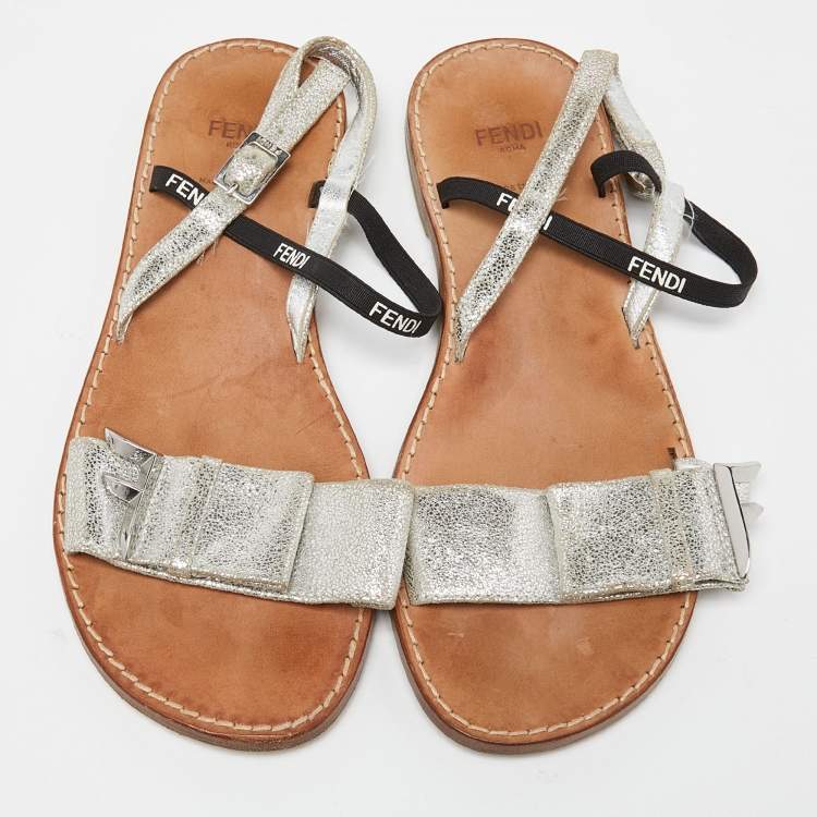 Pre Owned Fendi Silver/Black Textured Suede and Logo Elastic Flat Sandals Size 36