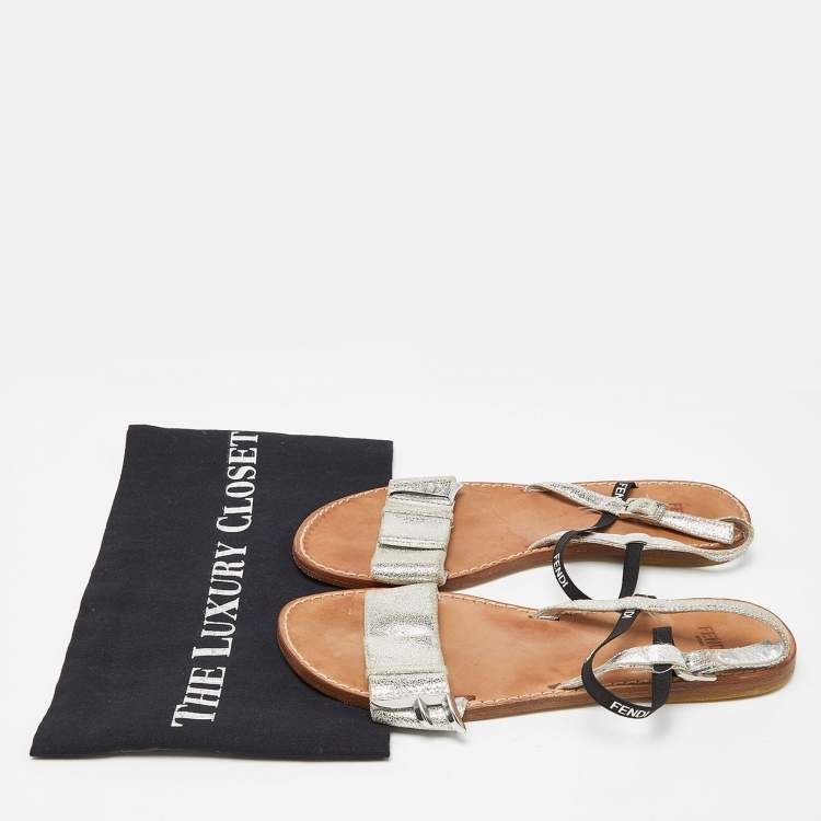 Pre Owned Fendi Silver/Black Textured Suede and Logo Elastic Flat Sandals Size 36