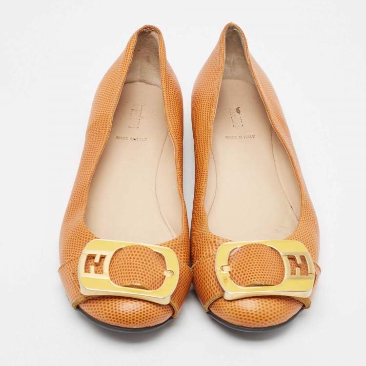 Pre Owned Fendi Brown Lizard Embossed Leather Buckle Detail Ballet Flats Size 39