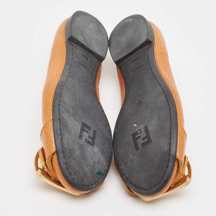 Pre Owned Fendi Brown Lizard Embossed Leather Buckle Detail Ballet Flats Size 39