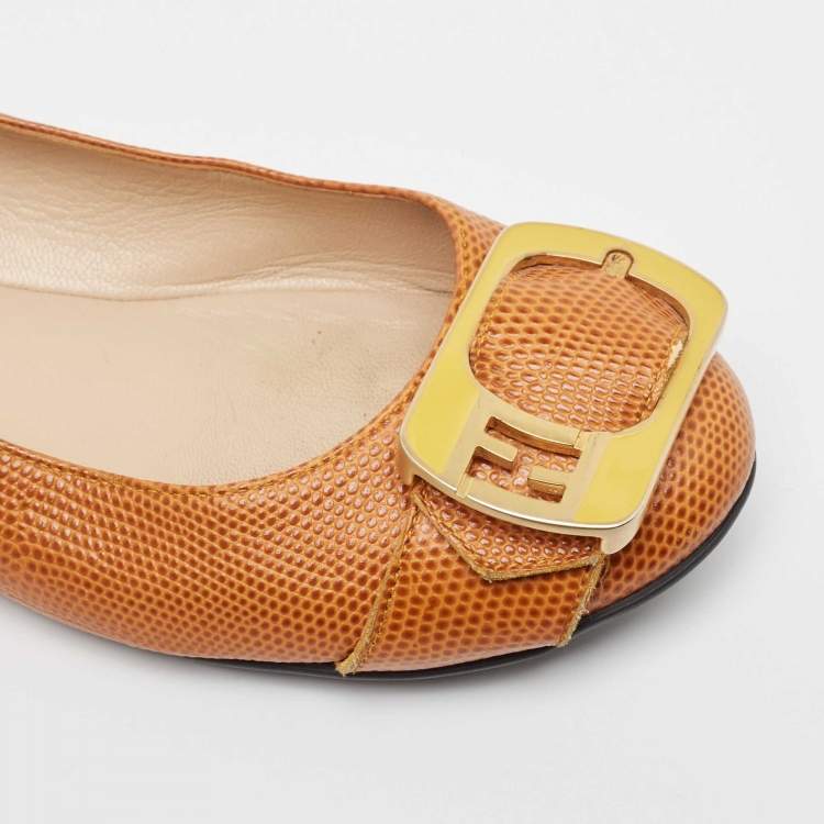Pre Owned Fendi Brown Lizard Embossed Leather Buckle Detail Ballet Flats Size 39