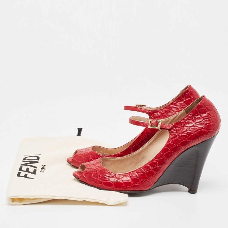 Pre Owned Fendi Red Croc Embossed Leather Peep Toe Wedges Pumps Size 39.5