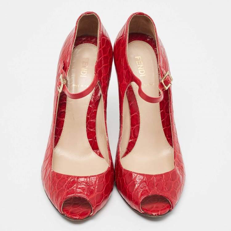 Pre Owned Fendi Red Croc Embossed Leather Peep Toe Wedges Pumps Size 39.5