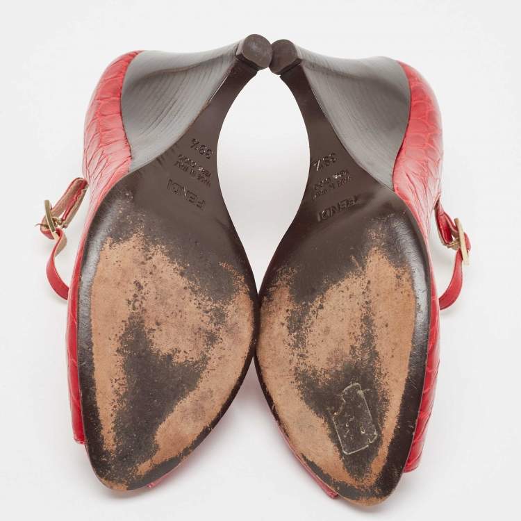 Pre Owned Fendi Red Croc Embossed Leather Peep Toe Wedges Pumps Size 39.5
